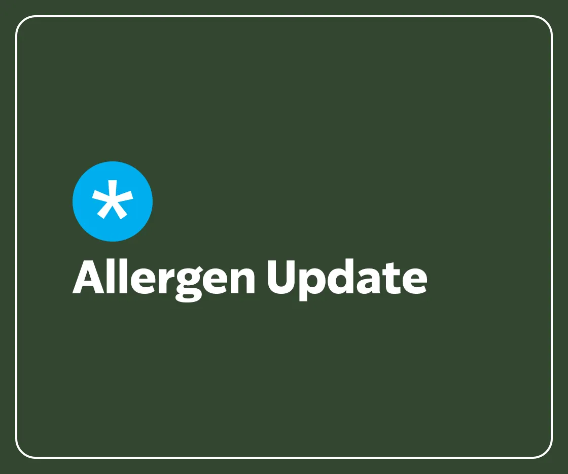 Text Allergen Update sits on a green background. A blue dot with a big reference star is located above the text.